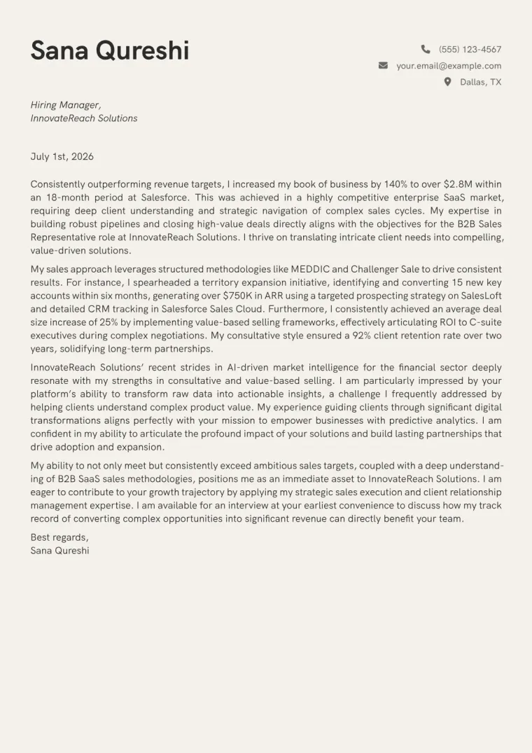 B2B Sales Representative Cover Letter Example