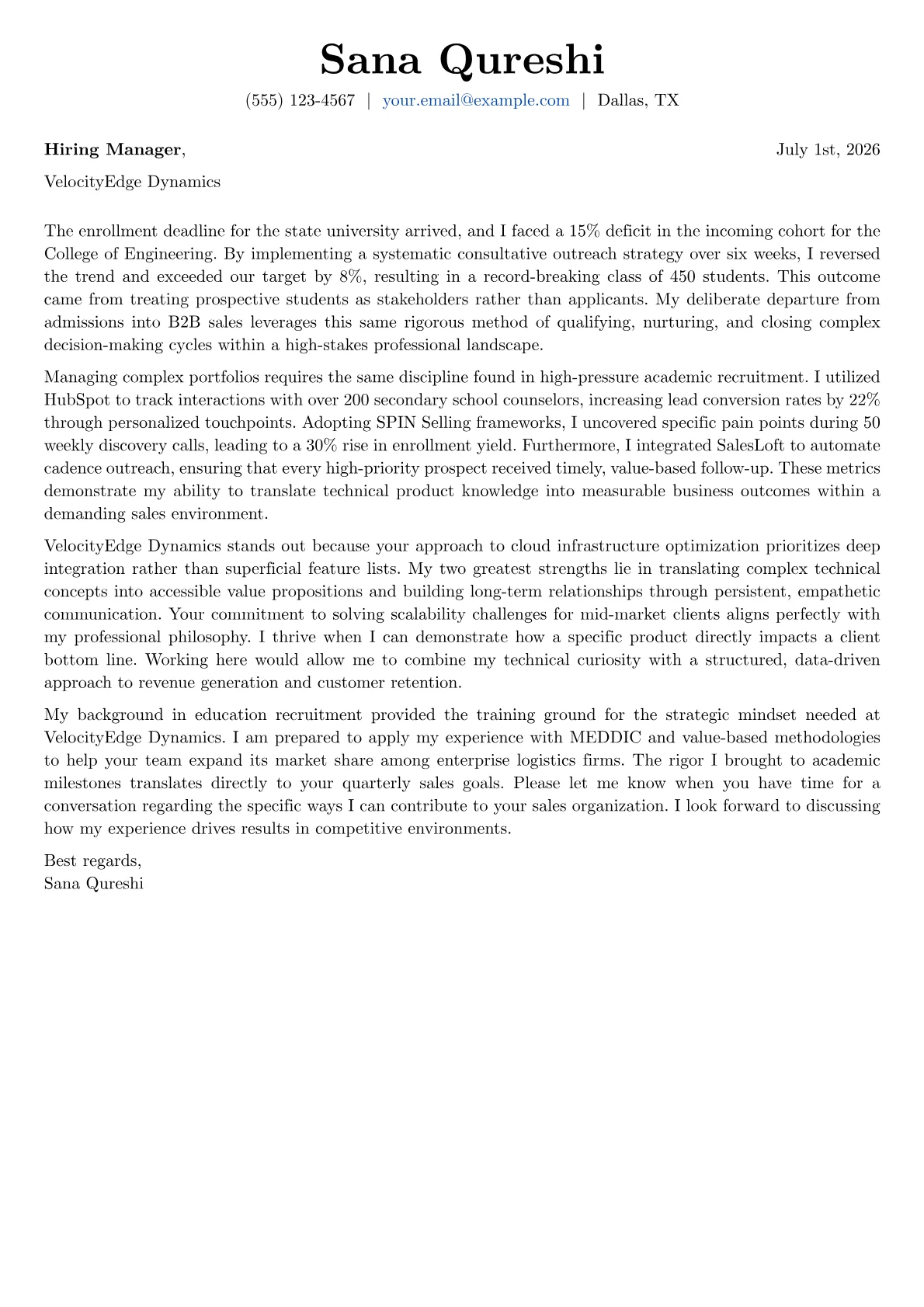 B2B Sales Representative cover letter in the Basic design
