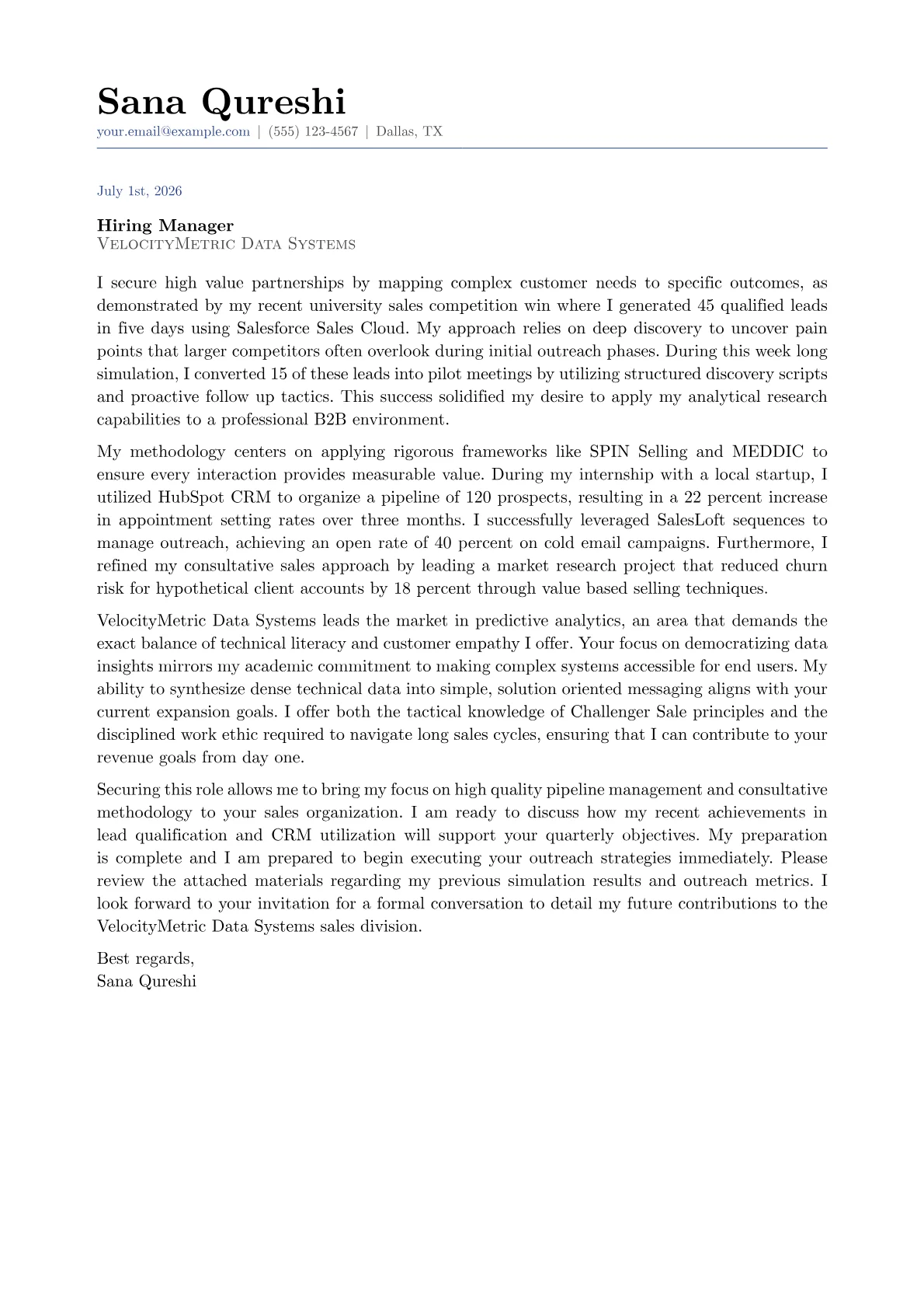 B2B Sales Representative cover letter in the Classic design