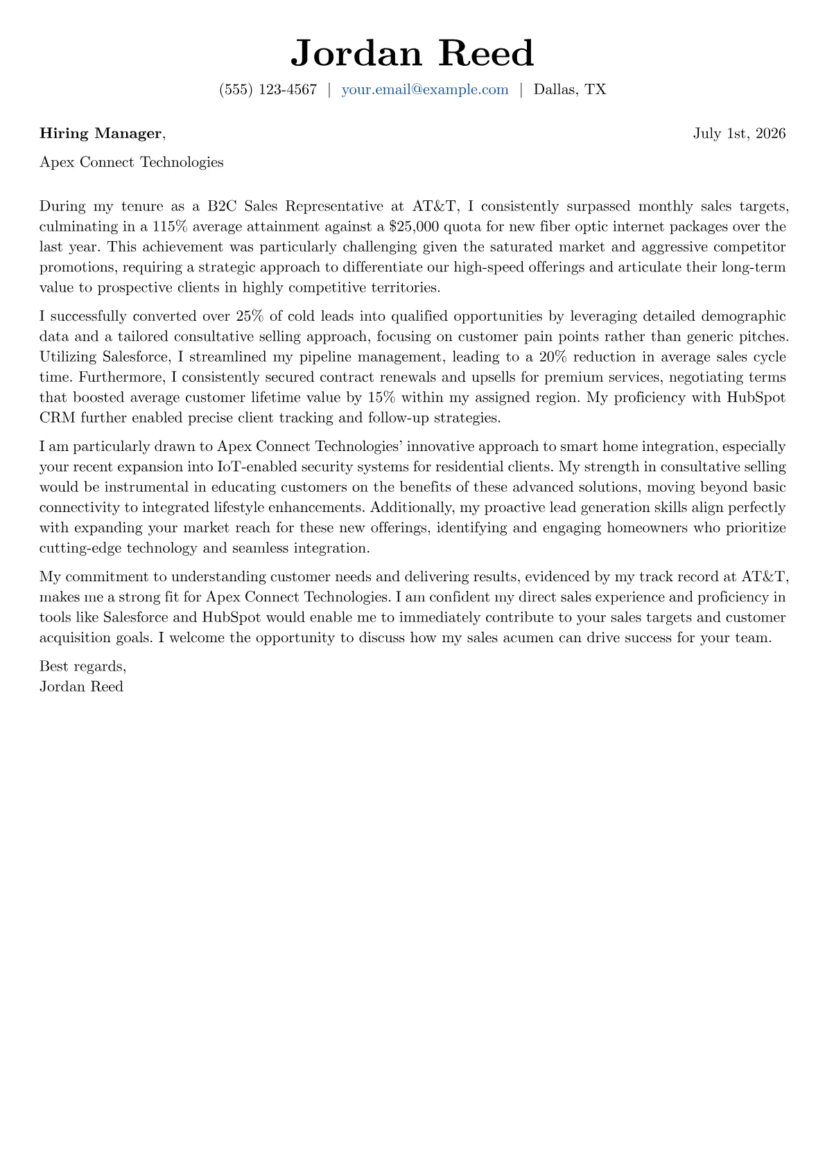 B2C Sales Representative cover letter formatted with a JobSprout template