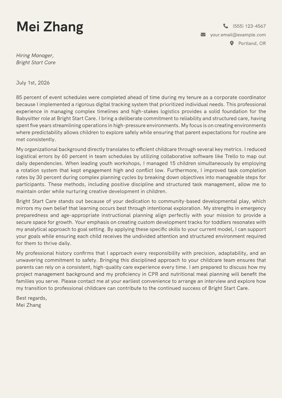 Babysitter cover letter in the Creative design