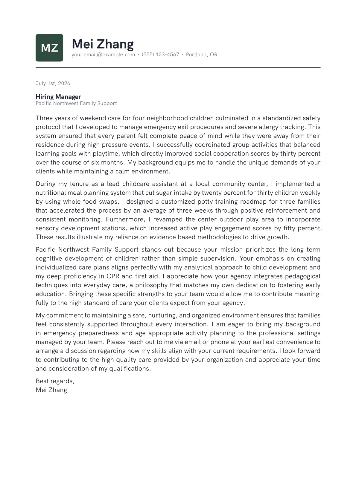 Babysitter cover letter in the Emblem design