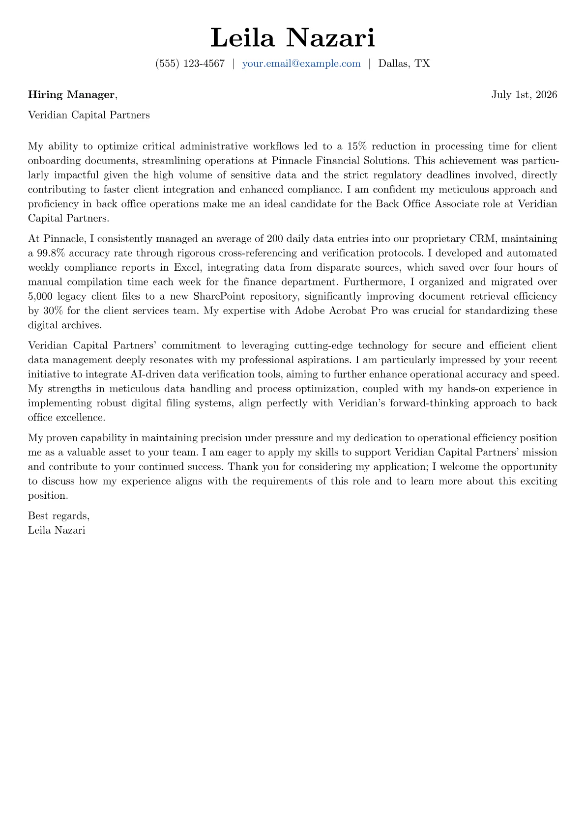 Back Office Associate cover letter formatted with a JobSprout template