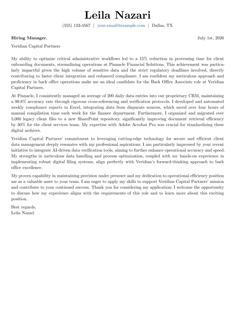 Back Office Associate cover letter example preview