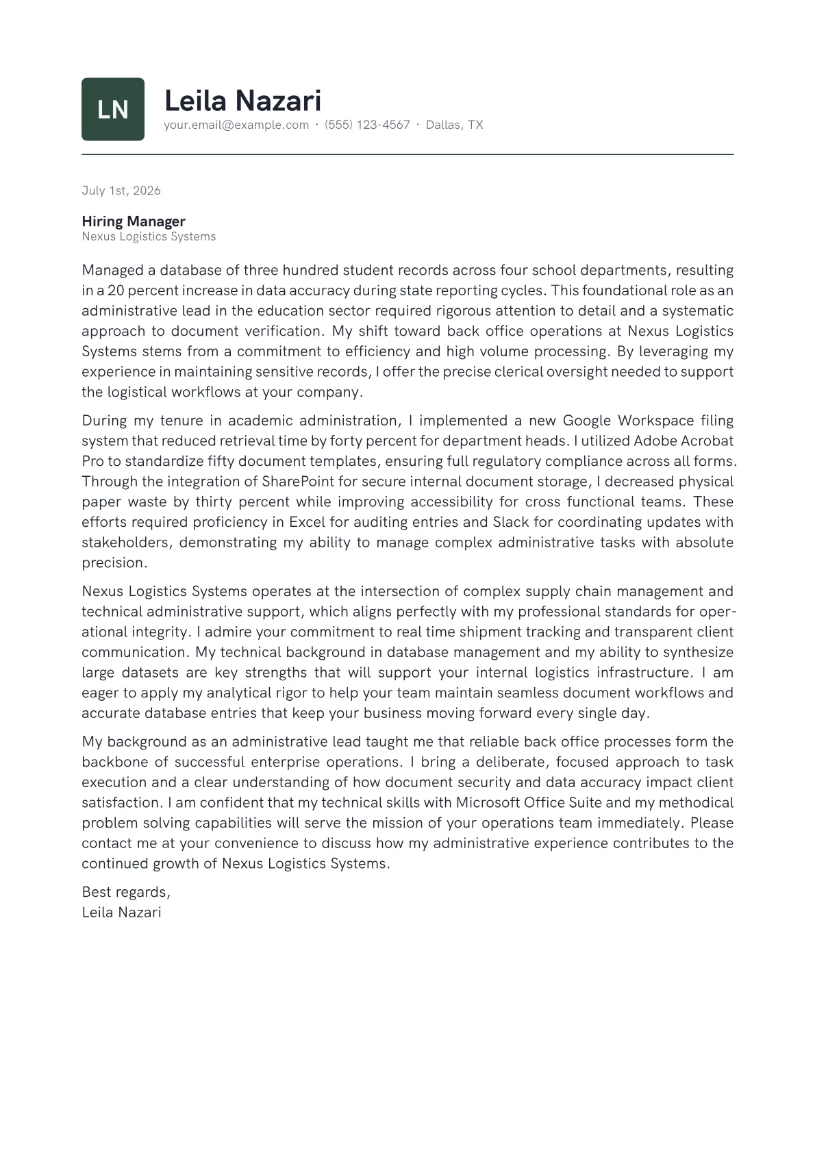 Back Office Associate cover letter in the Emblem design