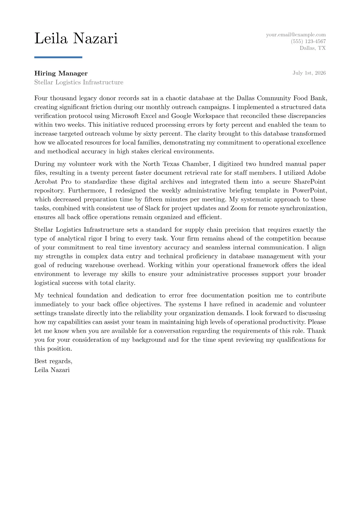 Back Office Associate cover letter in the Executive design