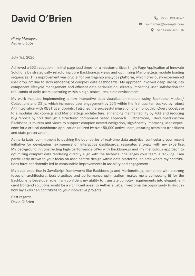 Backbone.js Developer cover letter example preview