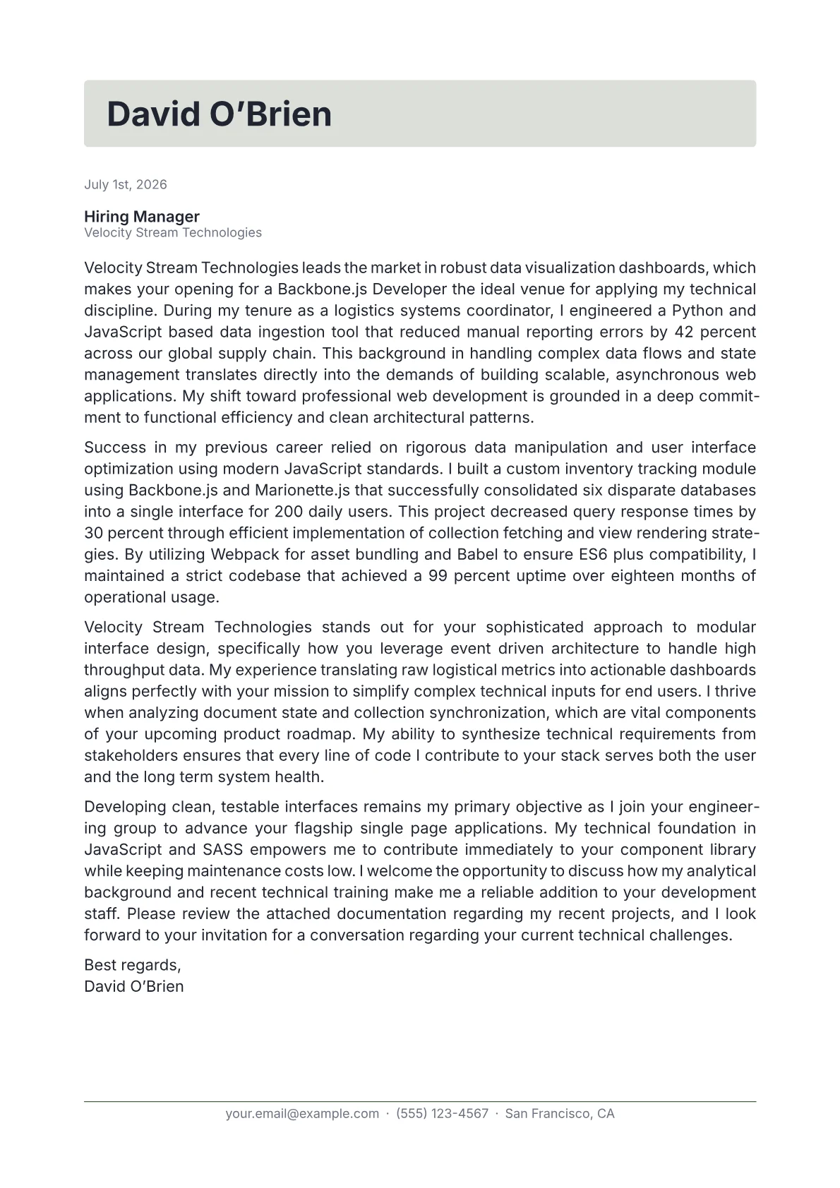 Backbone.js Developer cover letter in the Letterhead design