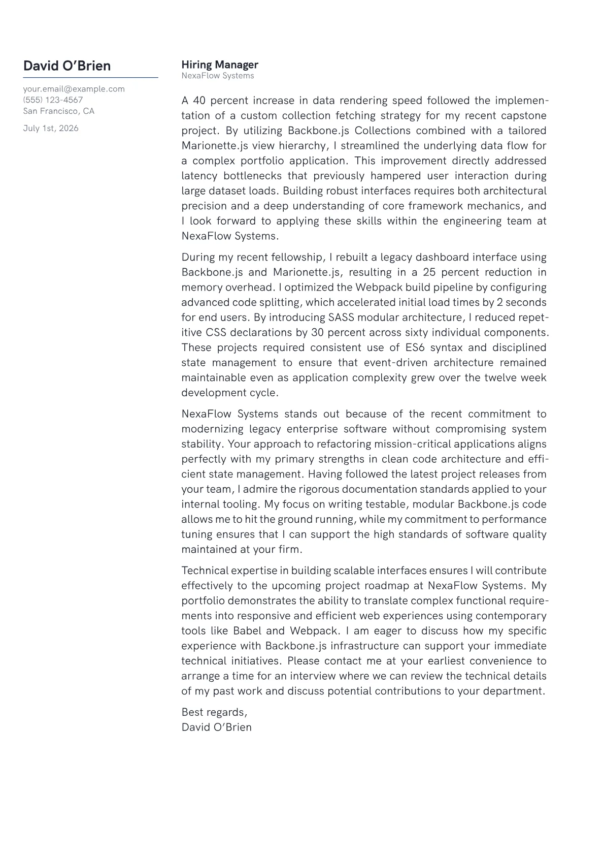 Backbone.js Developer cover letter in the Margin design
