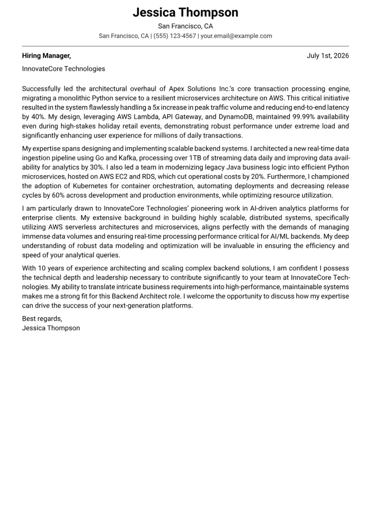 Backend Architect cover letter example preview