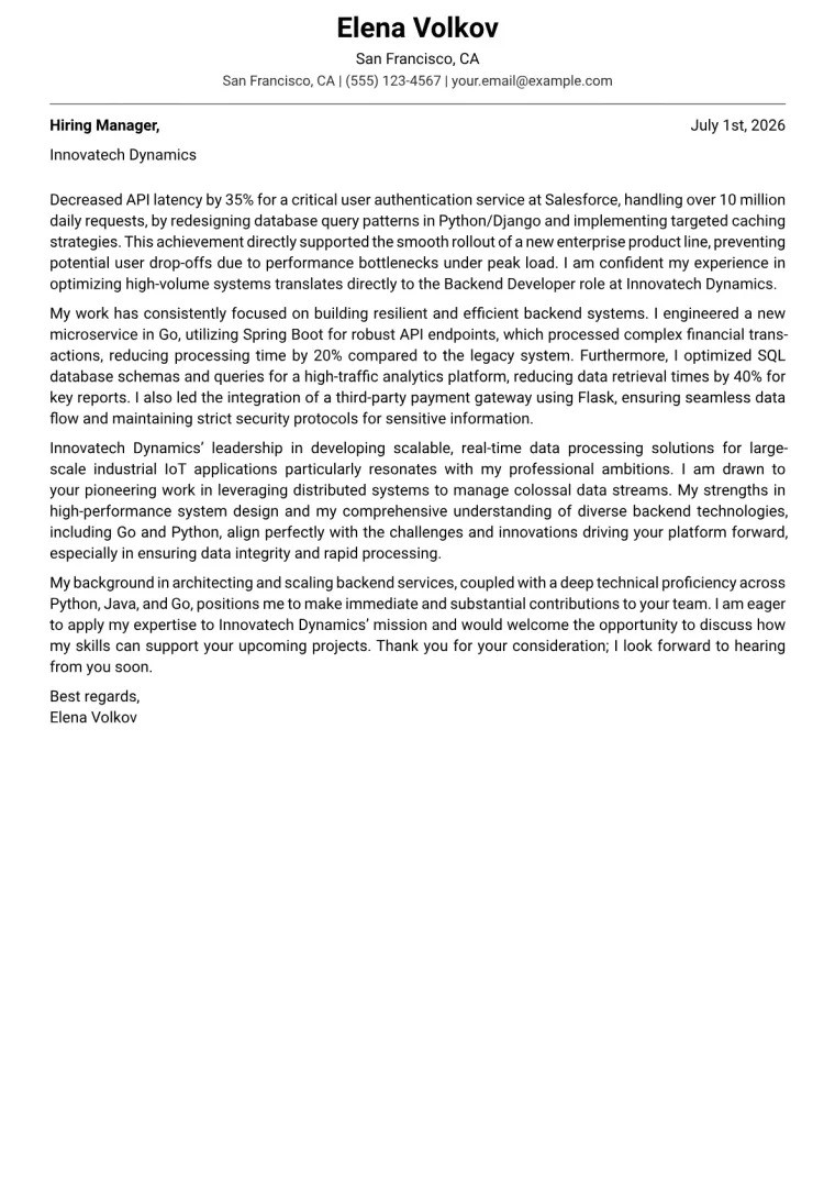 Backend Developer Cover Letter Example