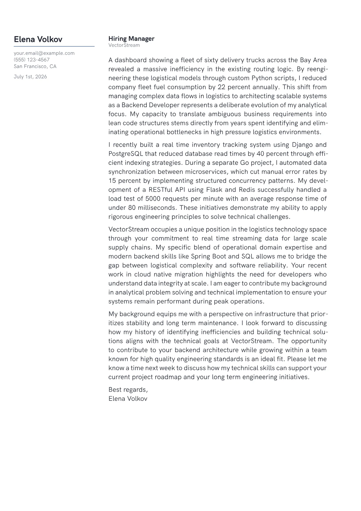Backend Developer cover letter in the Margin design