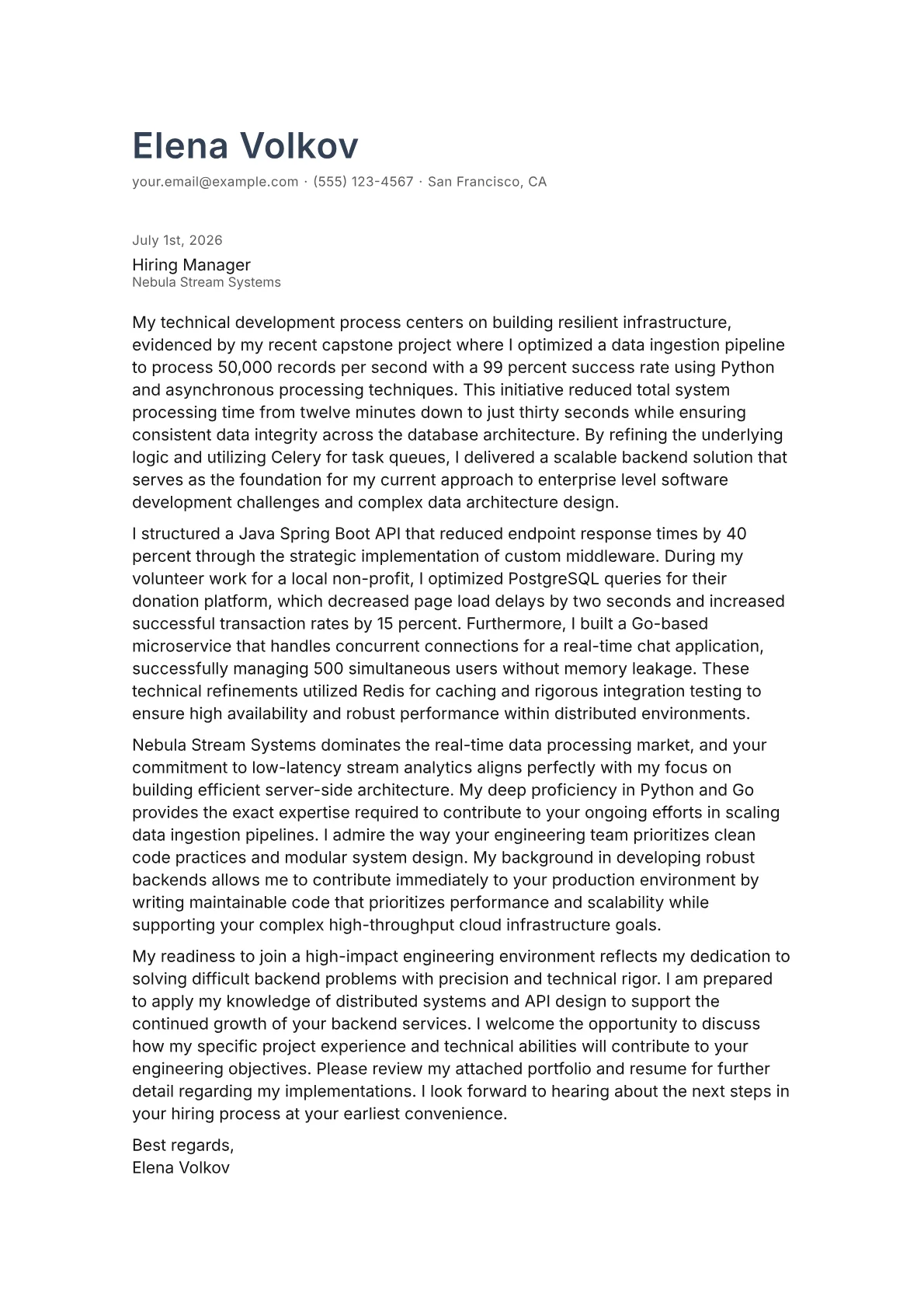 Backend Developer cover letter in the Minimal design