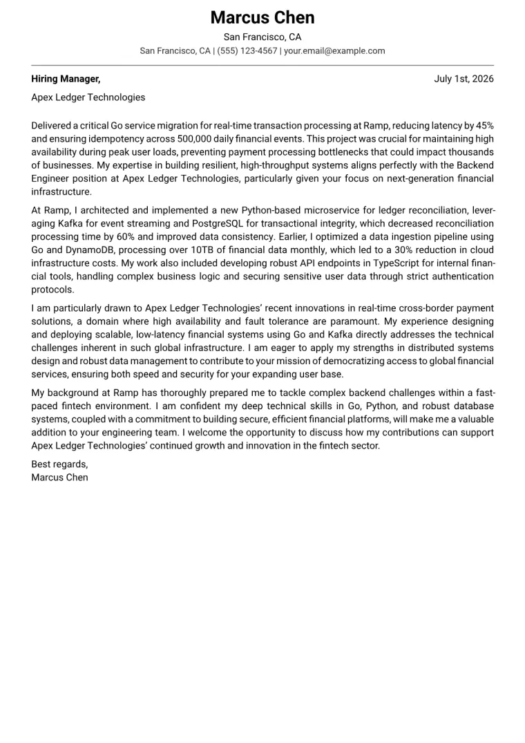 Backend Engineer - Fintech Cover Letter Example