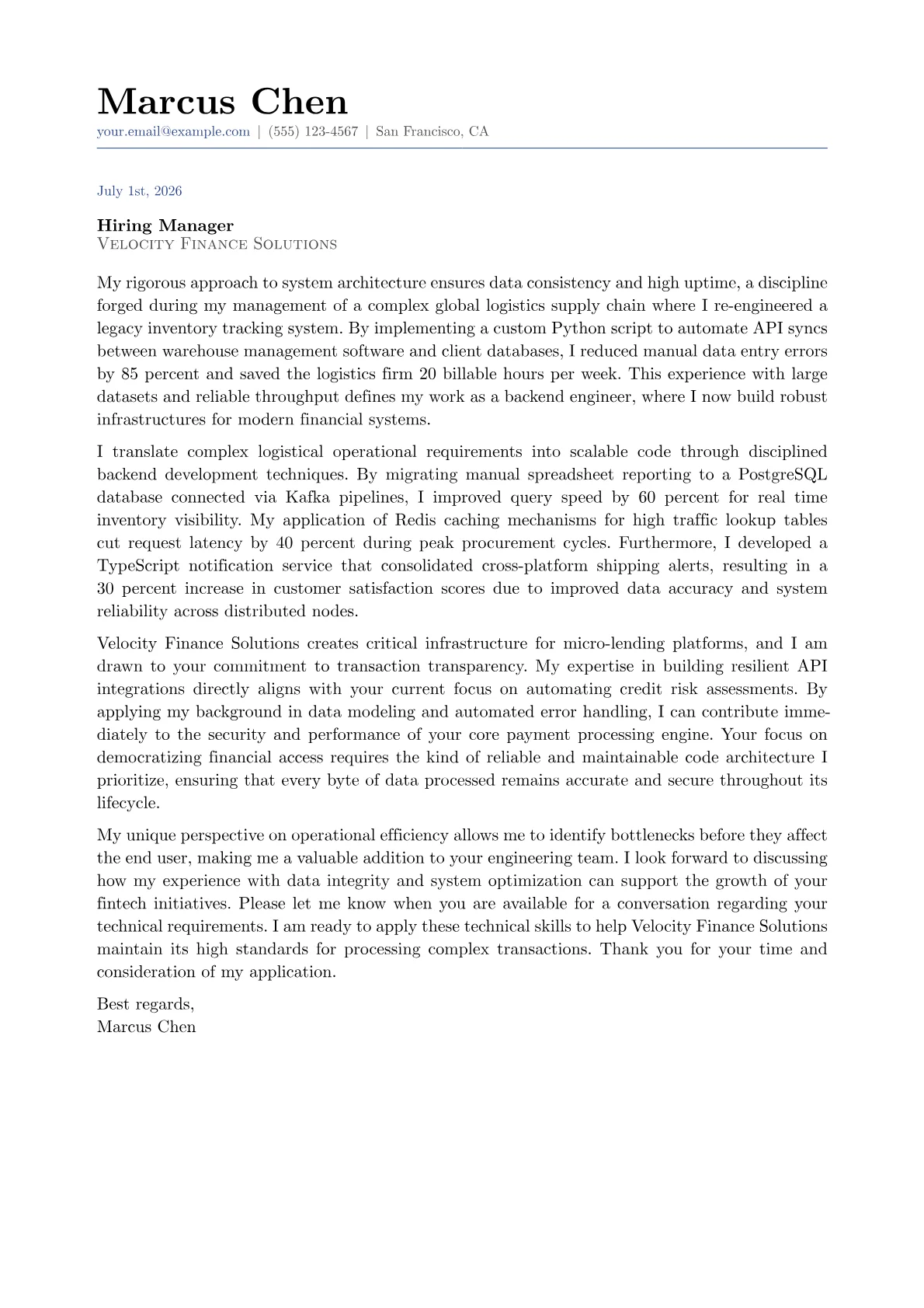 Backend Engineer - Fintech cover letter in the Classic design