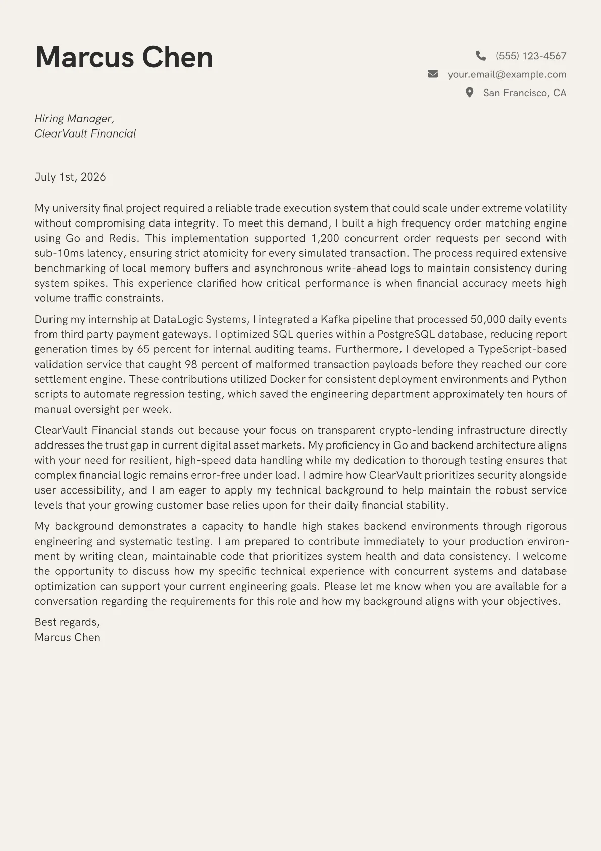 Backend Engineer - Fintech cover letter in the Creative design
