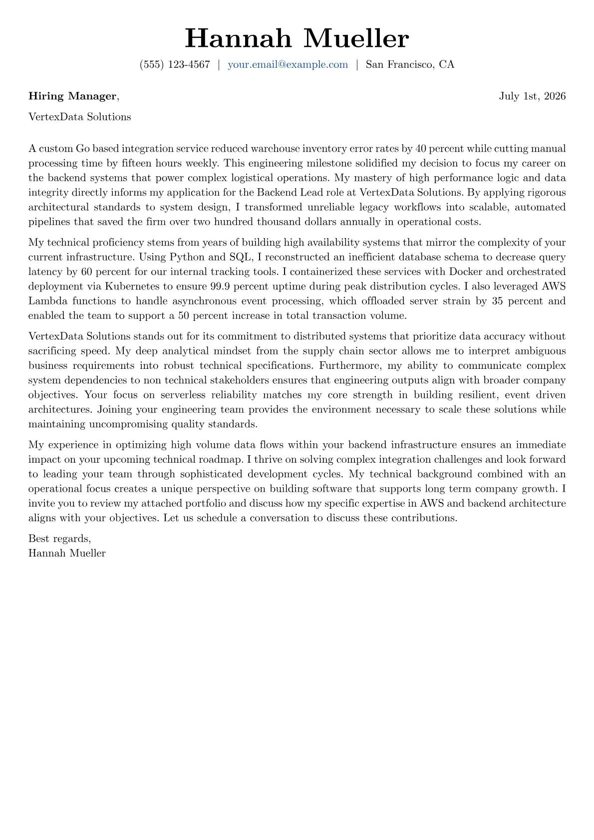 Backend Lead cover letter in the Basic design