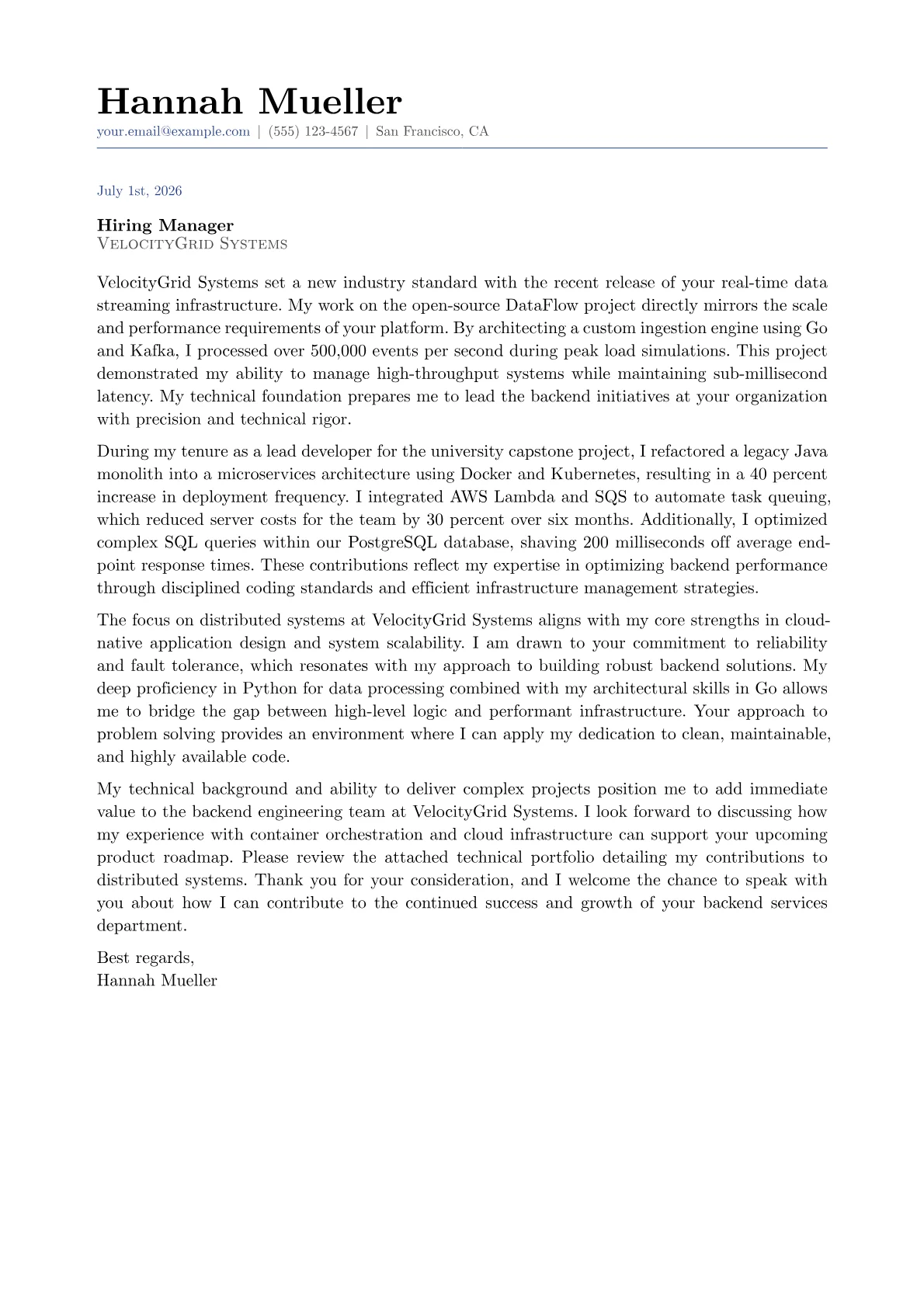 Backend Lead cover letter in the Classic design