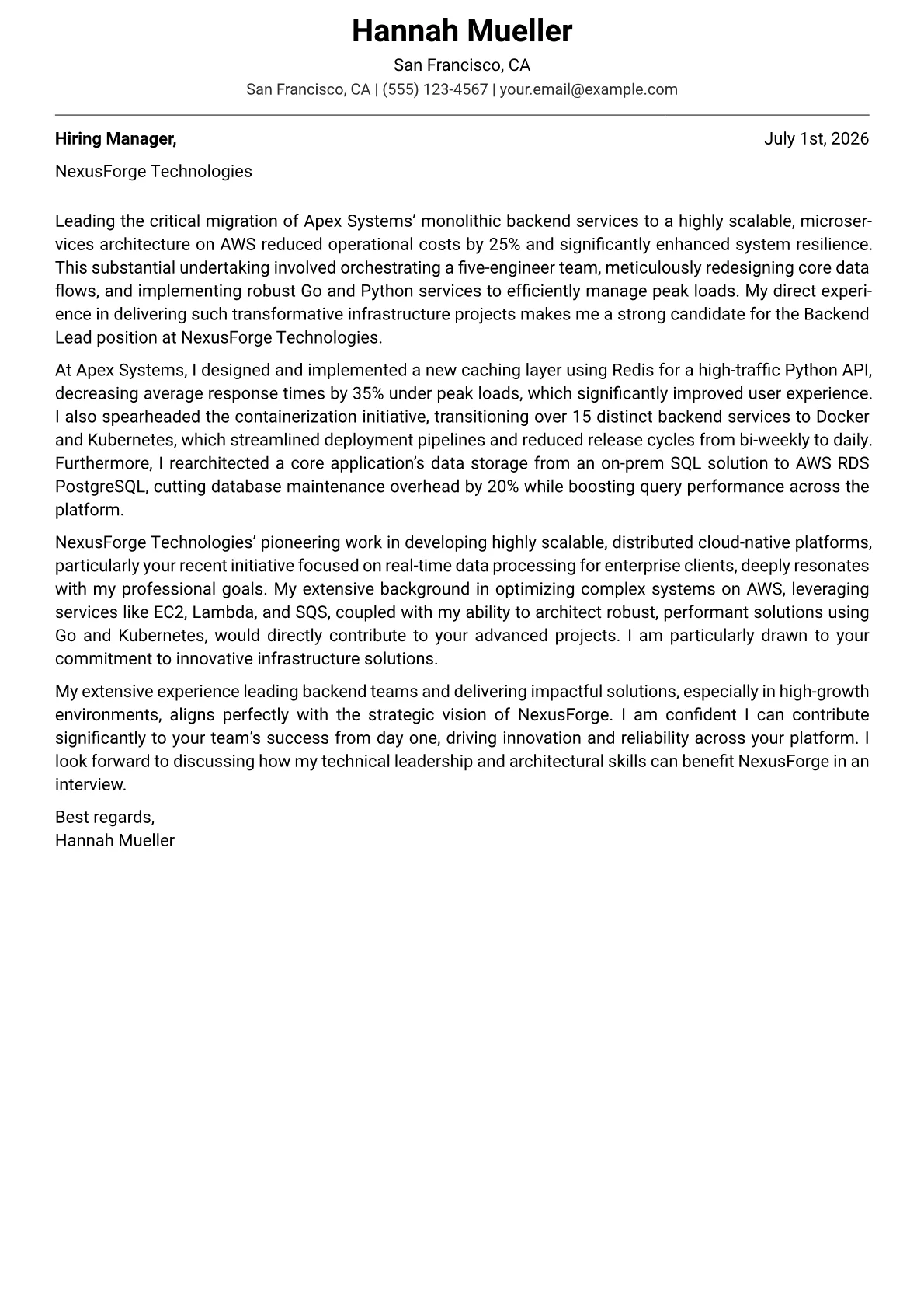 Backend Lead cover letter formatted with a JobSprout template