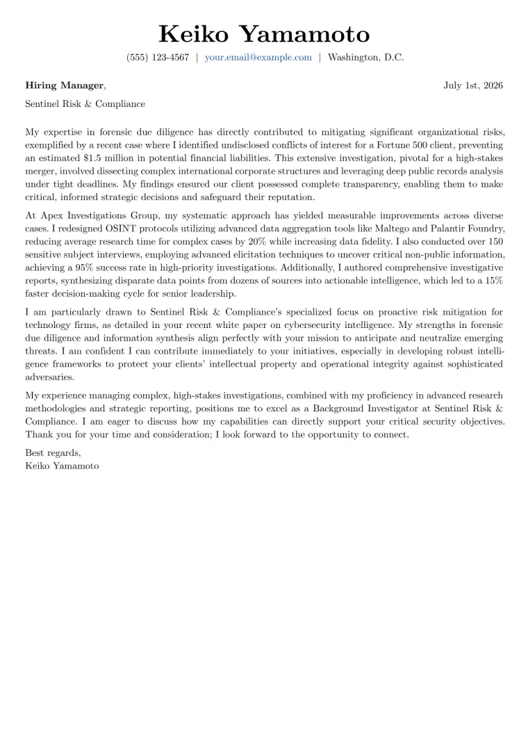 Background Investigator cover letter example preview