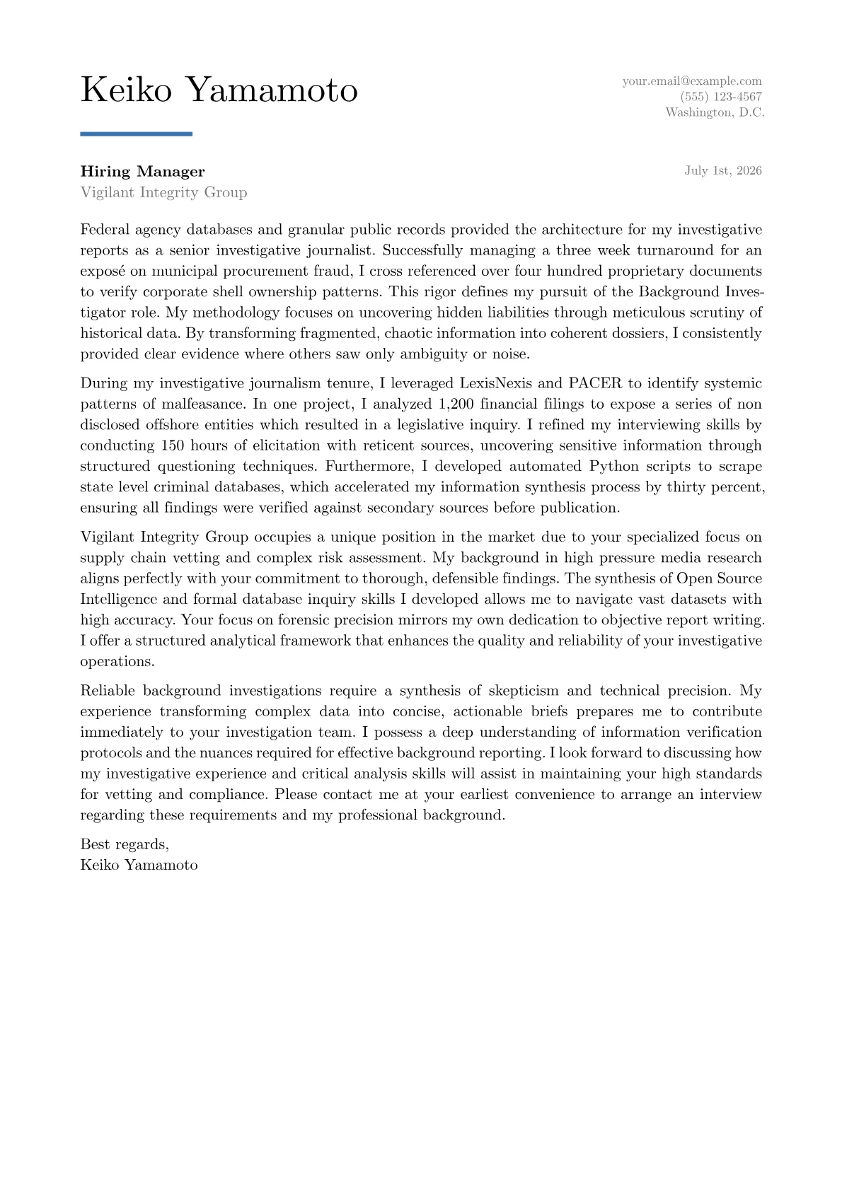 Background Investigator cover letter in the Executive design