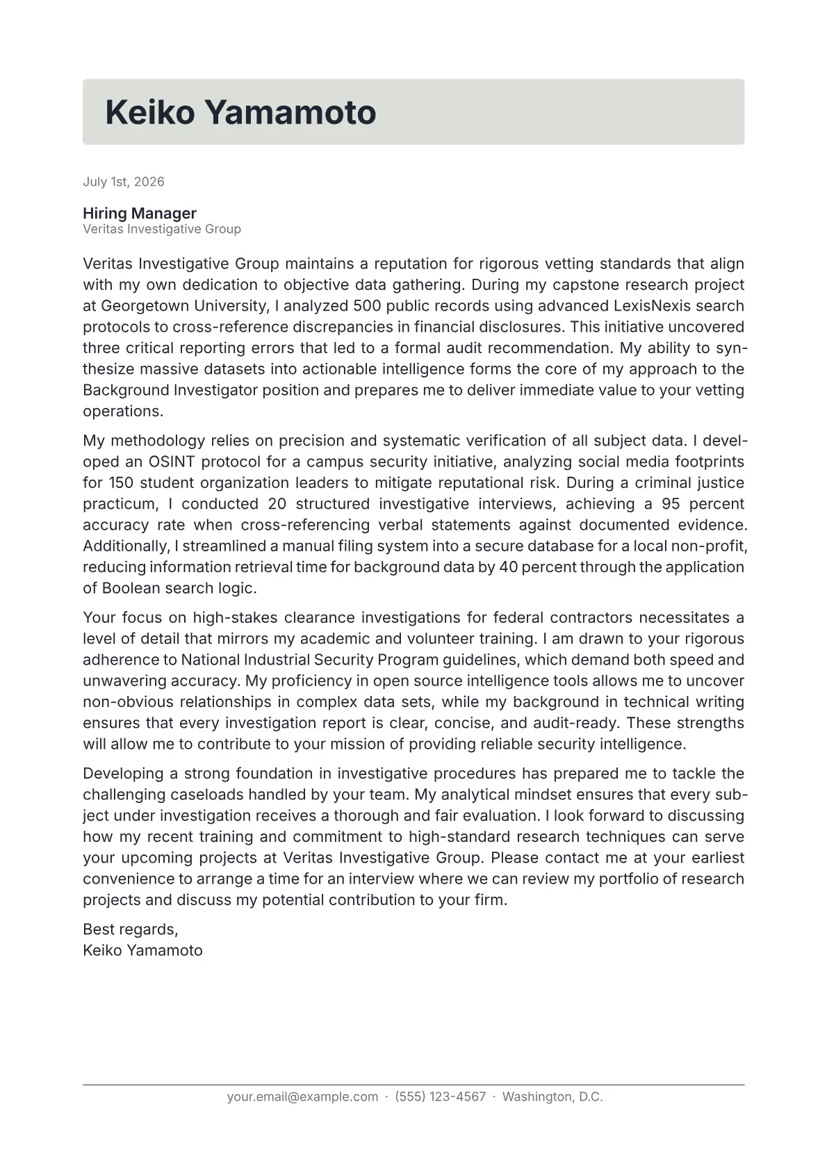 Background Investigator cover letter in the Letterhead design