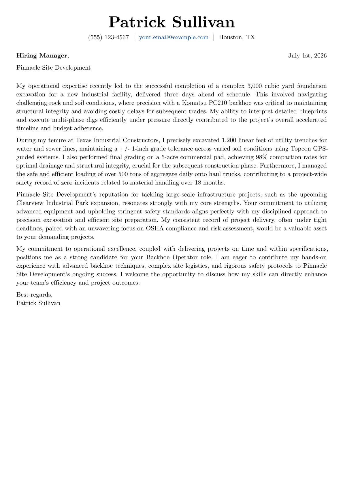 Backhoe Operator cover letter formatted with a JobSprout template