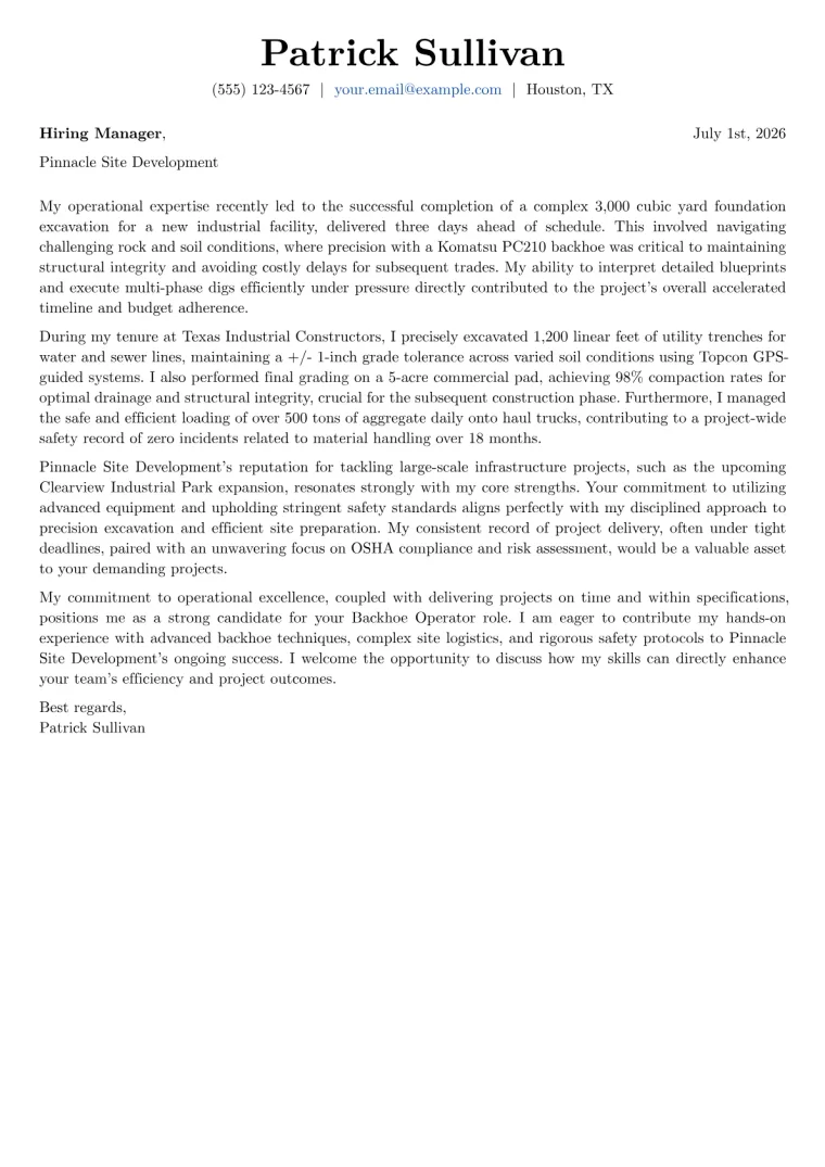 Backhoe Operator cover letter example preview