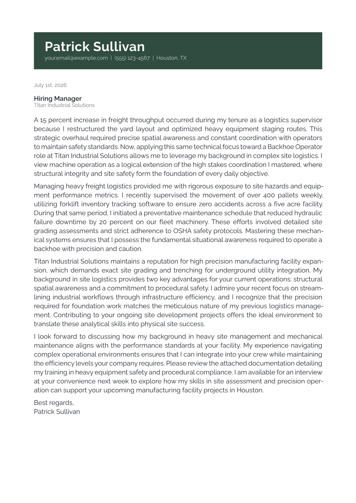 Backhoe Operator cover letter in the Banner design