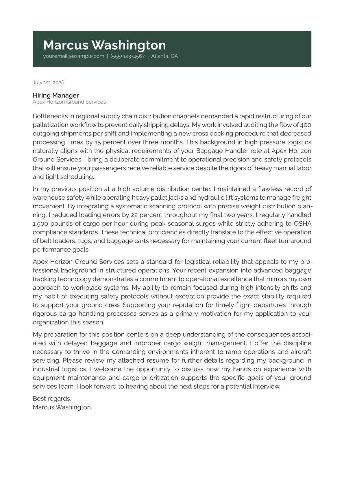 Baggage Handler cover letter in the Banner design