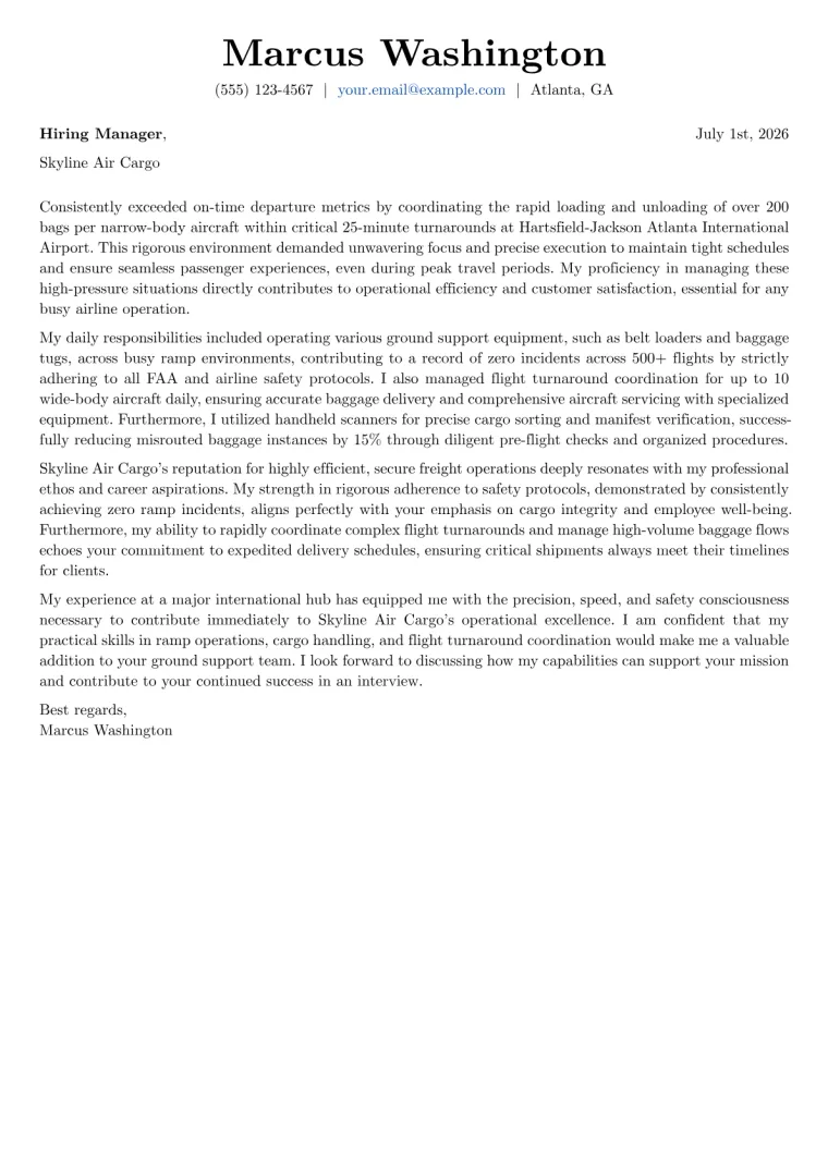 Baggage Handler cover letter example preview
