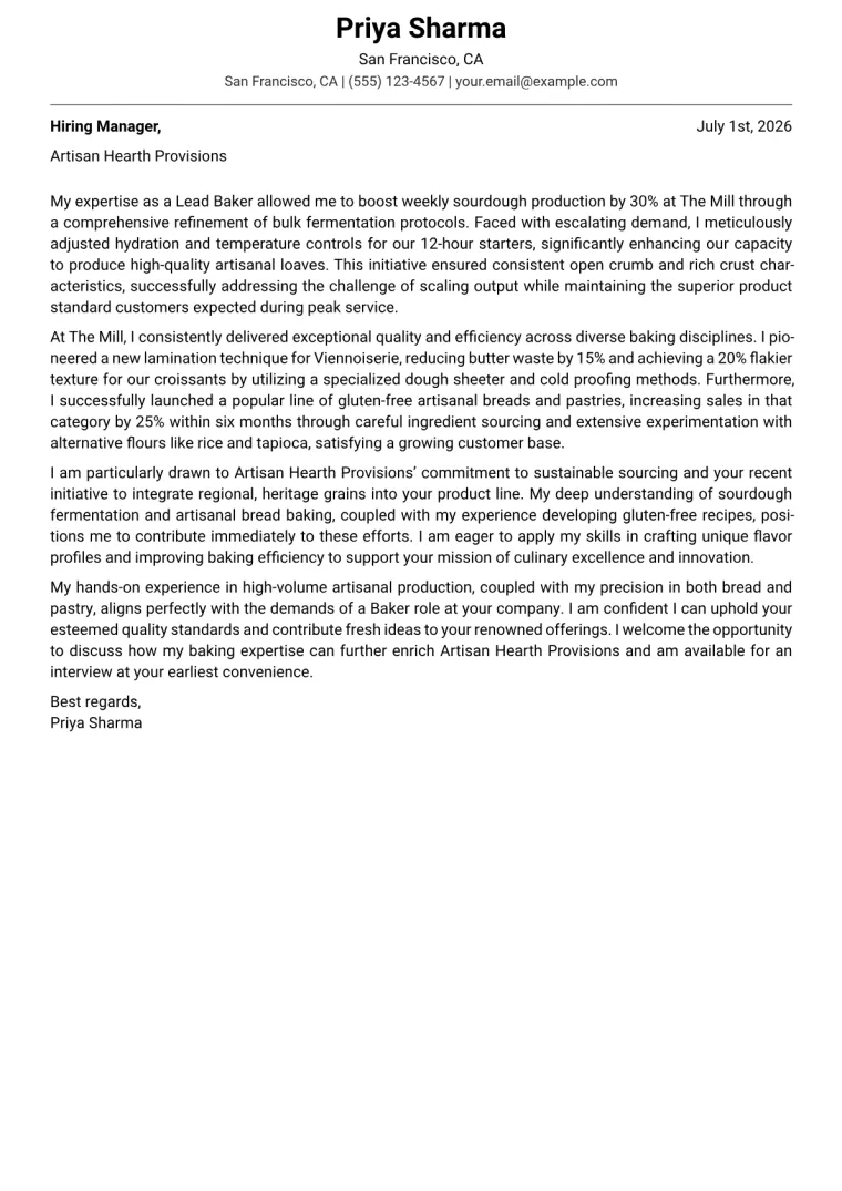 Baker Cover Letter Example