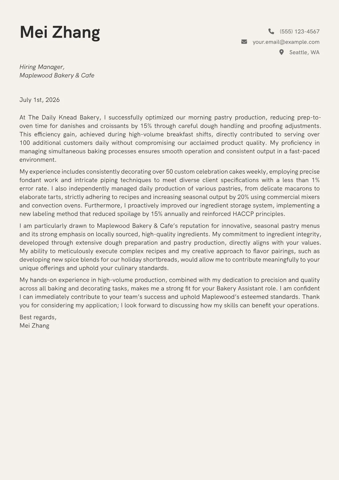 Bakery Assistant cover letter formatted with a JobSprout template