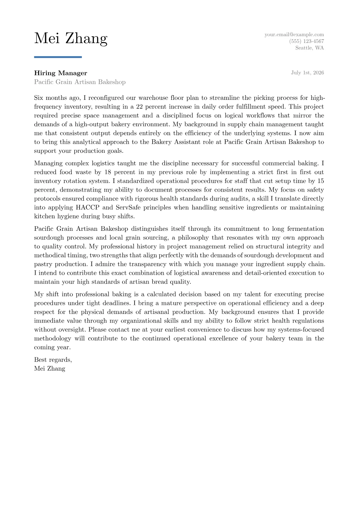 Bakery Assistant cover letter in the Executive design