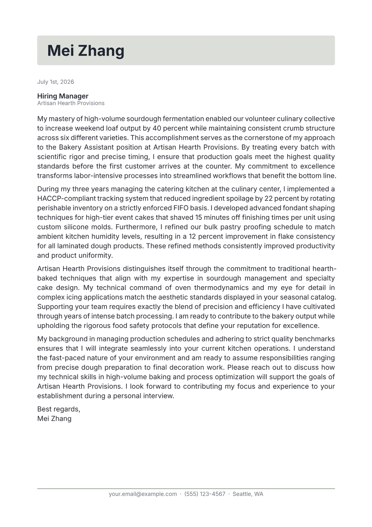 Bakery Assistant cover letter in the Letterhead design