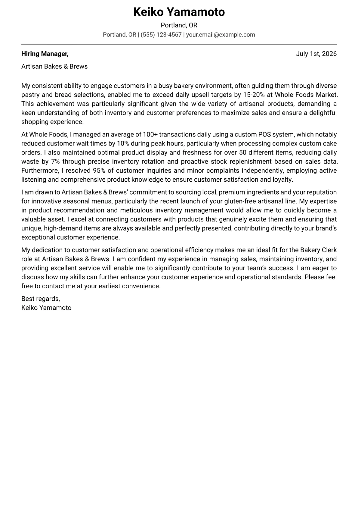 Bakery Clerk cover letter formatted with a JobSprout template