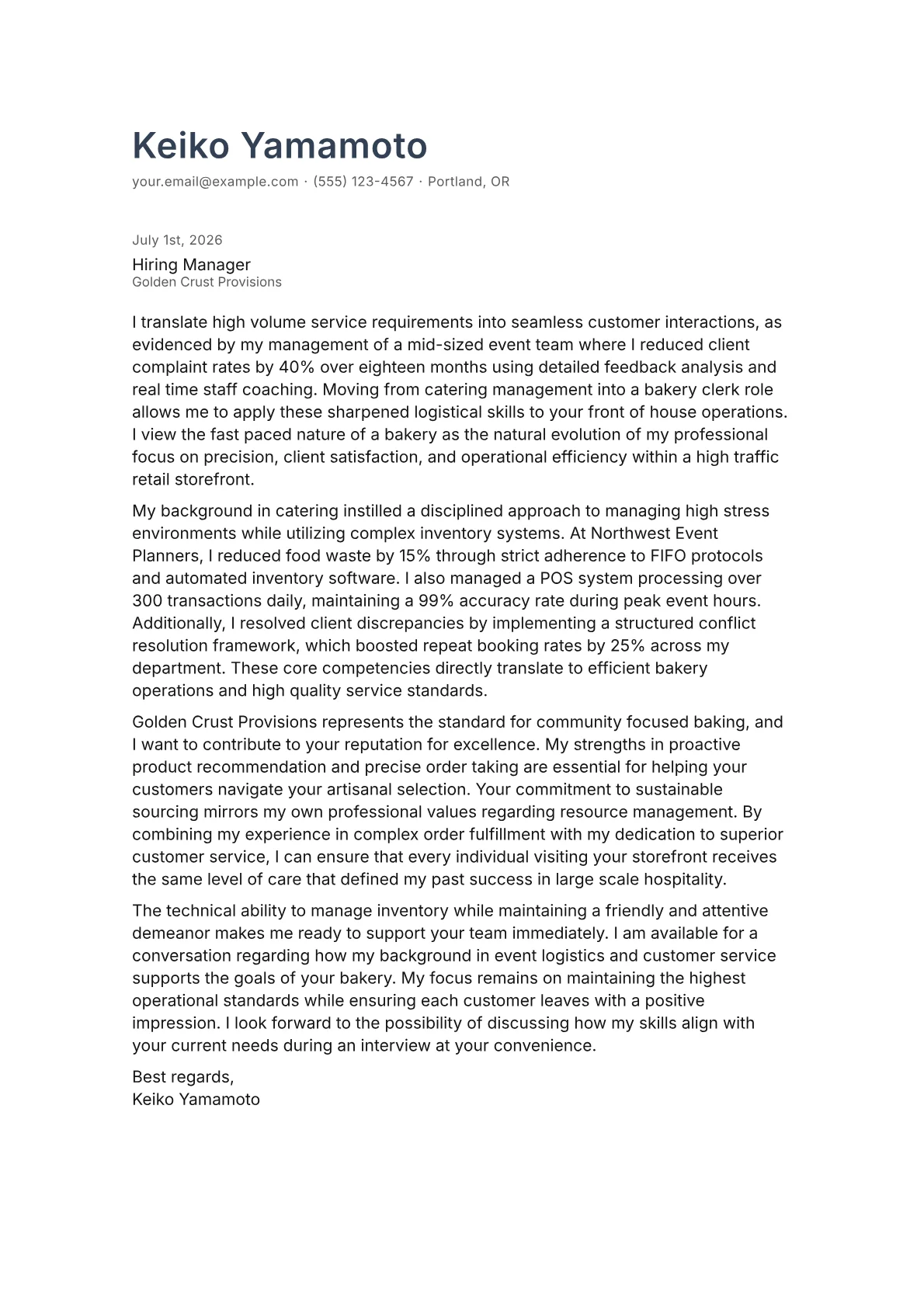 Bakery Clerk cover letter in the Minimal design