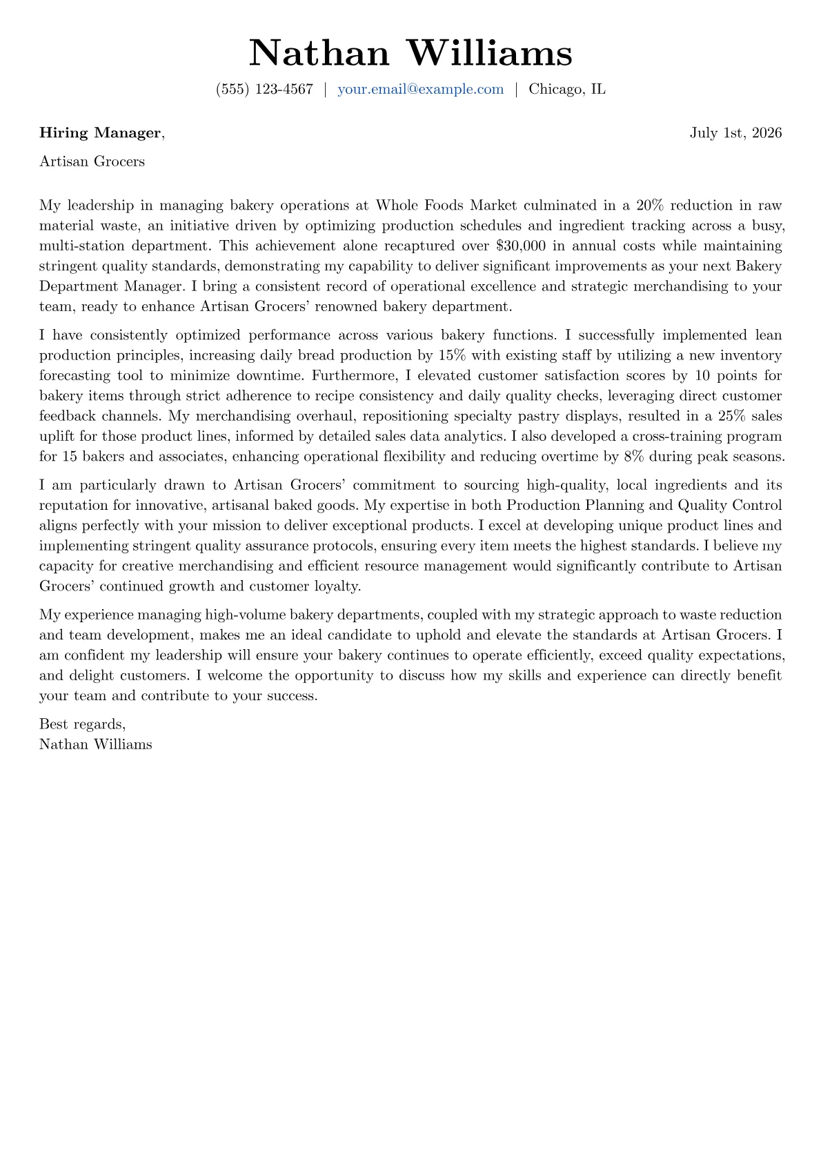 Bakery Department Manager cover letter formatted with a JobSprout template