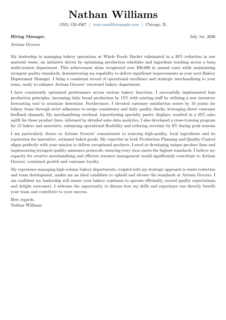 Bakery Department Manager cover letter example preview