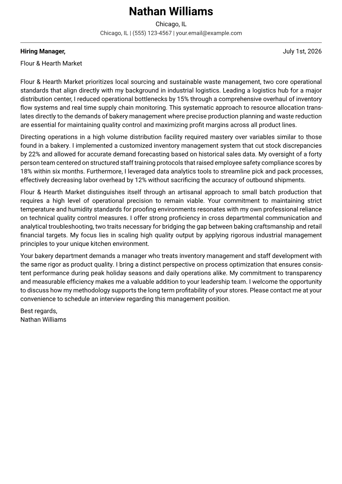 Bakery Department Manager cover letter in the Modern design