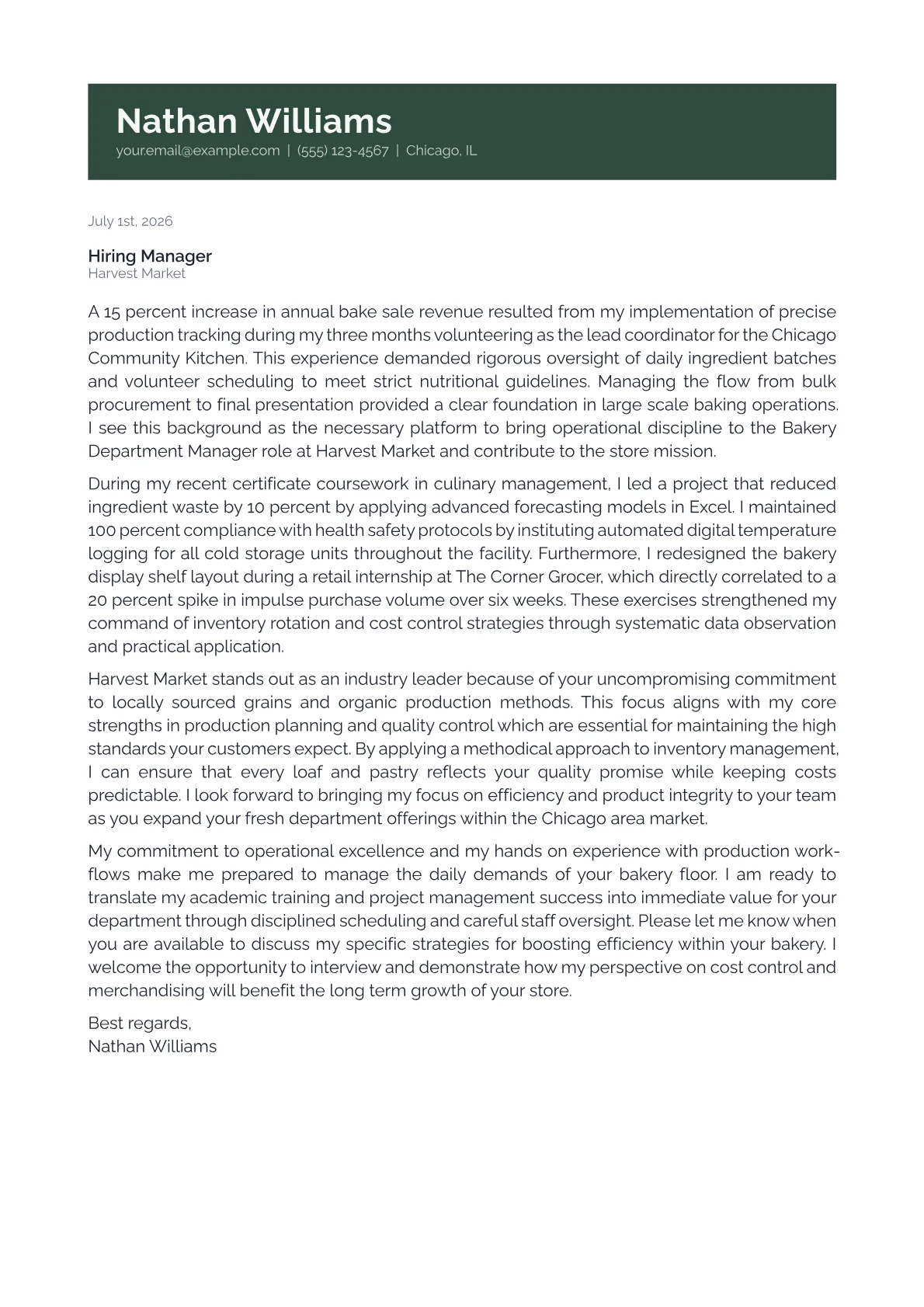Bakery Department Manager cover letter in the Banner design