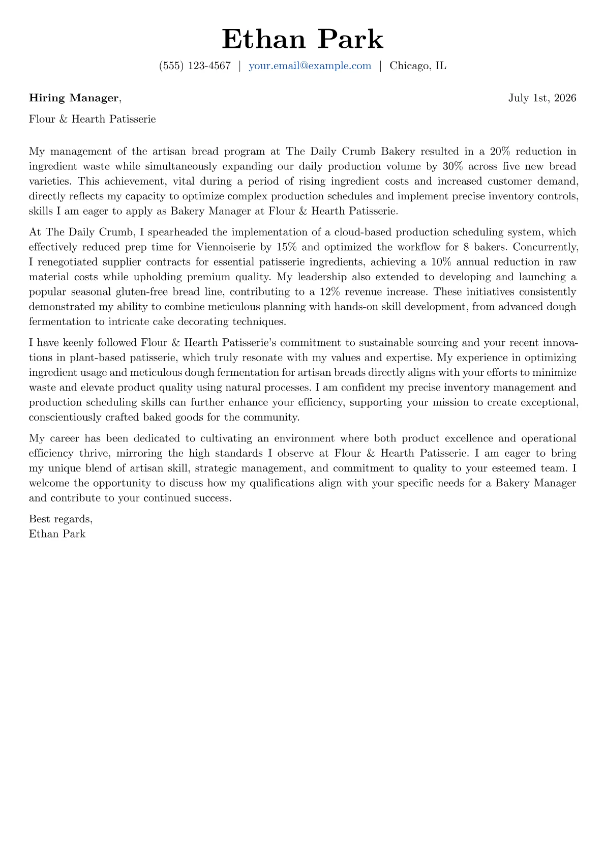 Bakery Manager cover letter formatted with a JobSprout template
