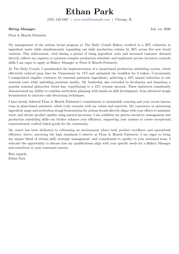 Bakery Manager cover letter example preview