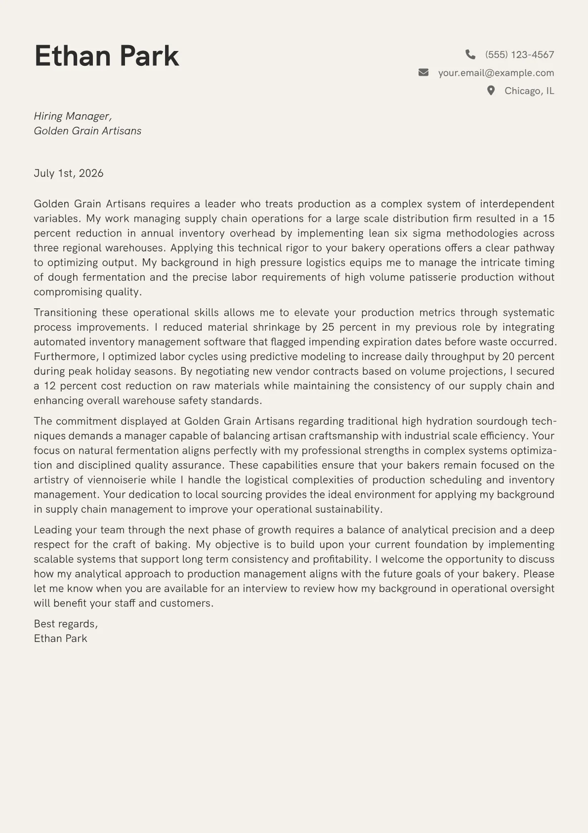 Bakery Manager cover letter in the Creative design