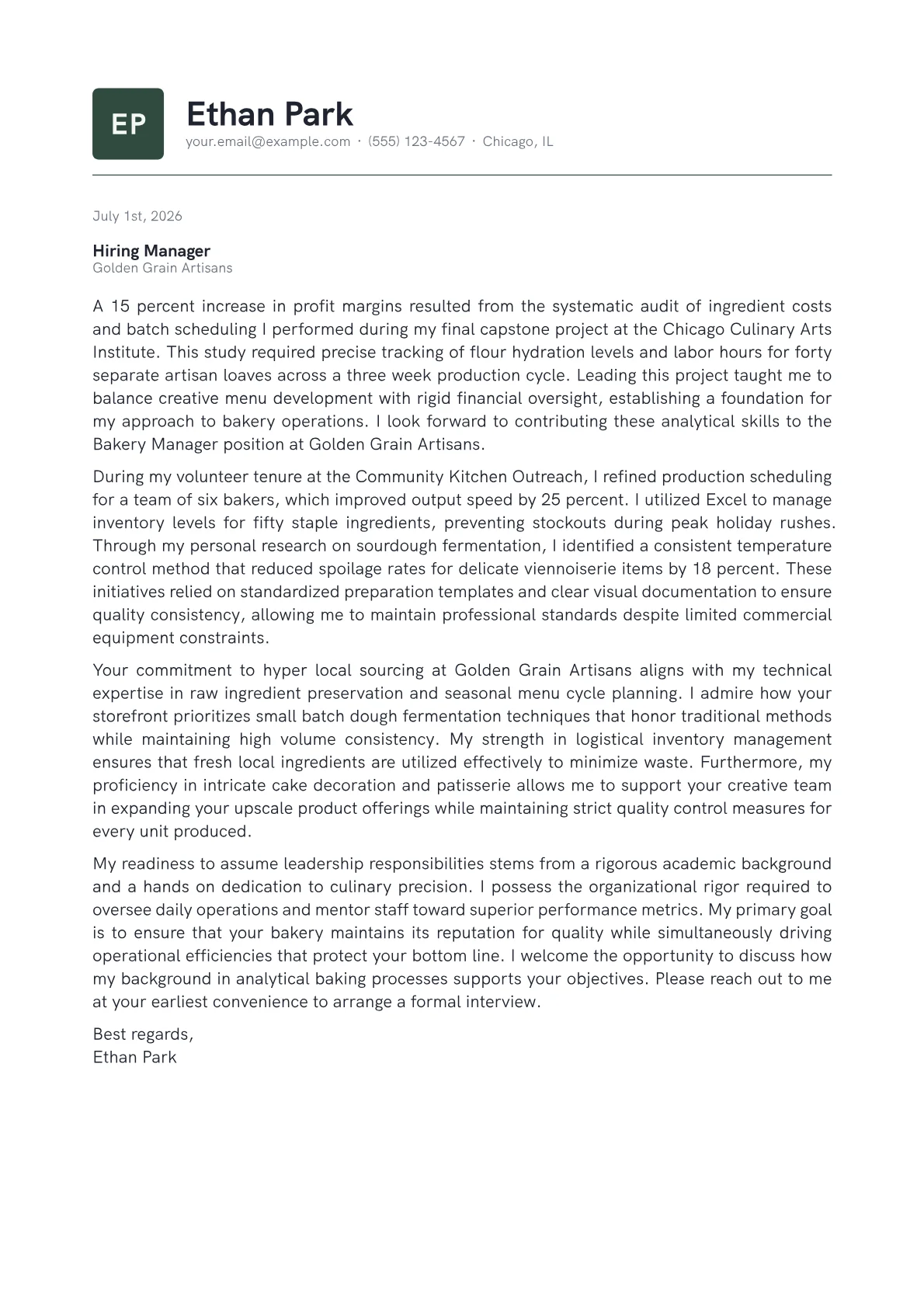 Bakery Manager cover letter in the Emblem design