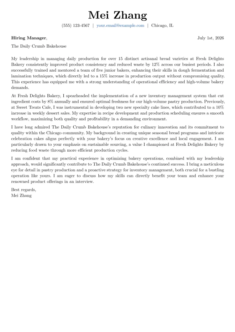 Bakery Supervisor Cover Letter Example + Template (2026)