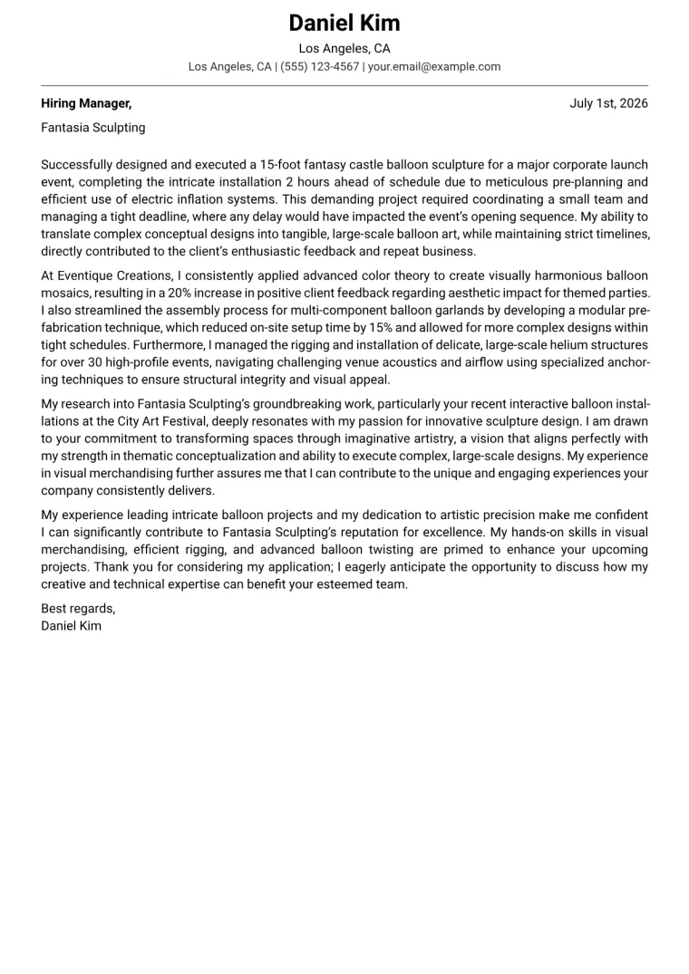 Balloon Artist cover letter example preview