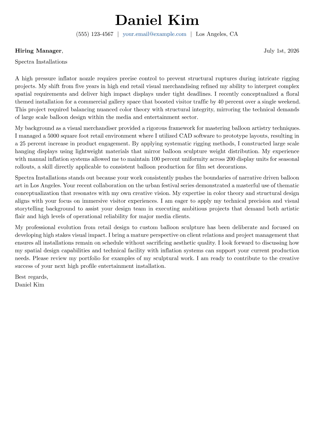 Balloon Artist cover letter in the Basic design