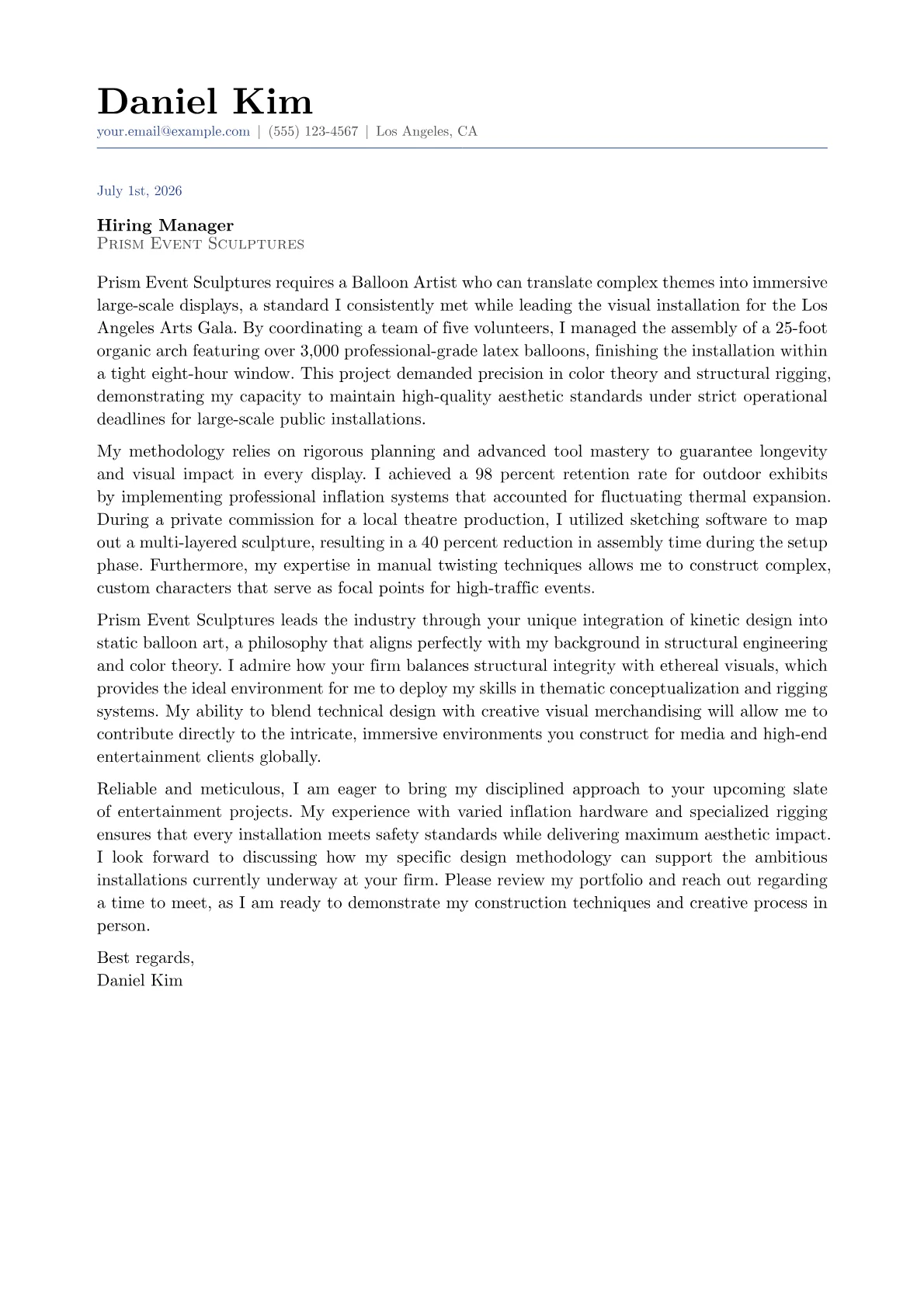 Balloon Artist cover letter in the Classic design