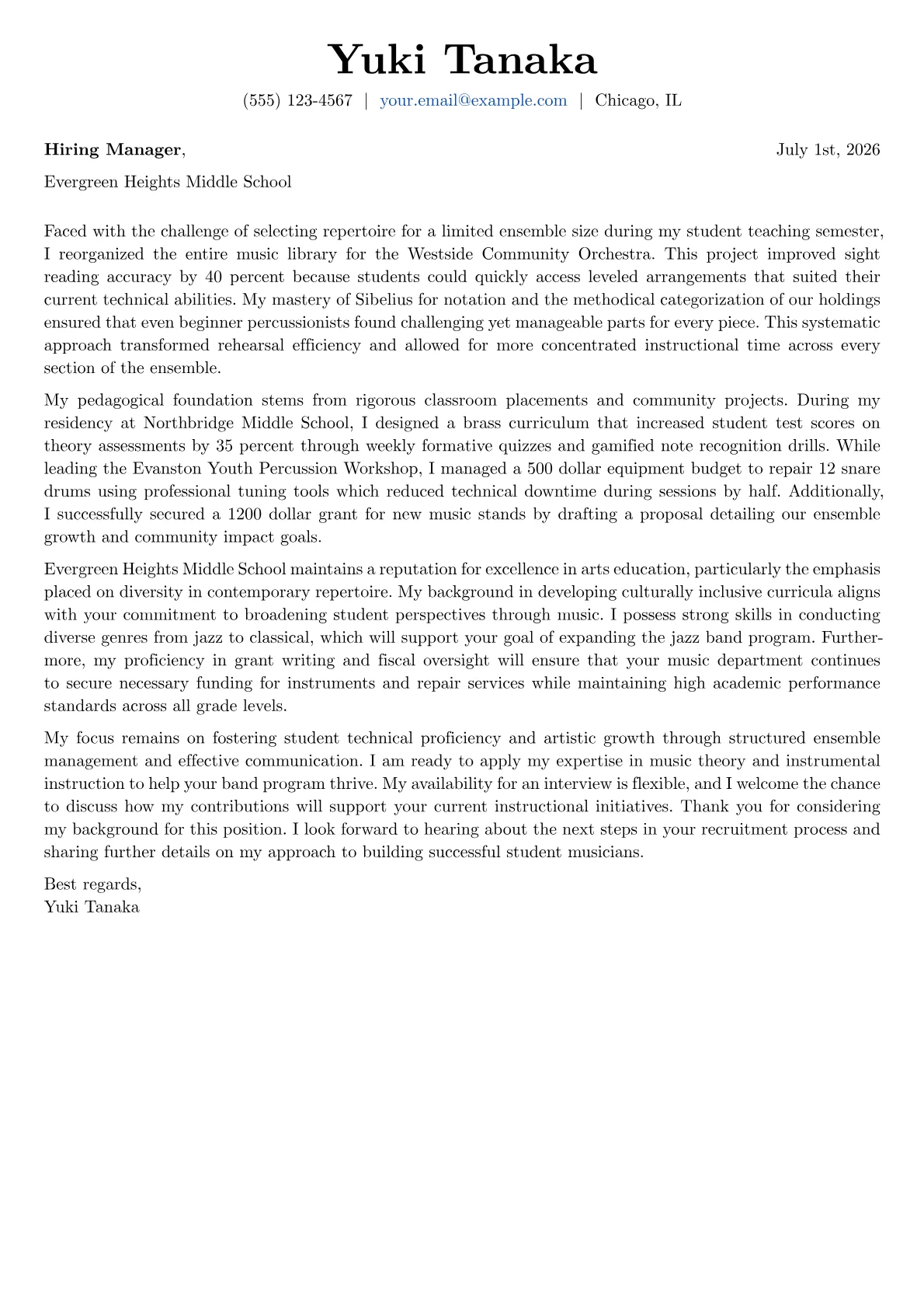 Band Director cover letter in the Basic design